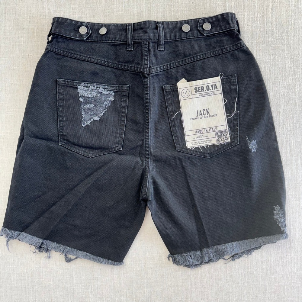 SER.O.YA Jack Distressed Denim Shorts Size 30 Black Made Italy NWT - Picture 2 of 13